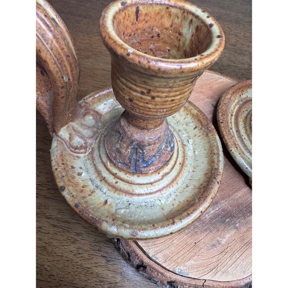 Pair of Vintage Artist Signed Studio Pottery Chamberstick Candle Holders - Picture 7 of 10